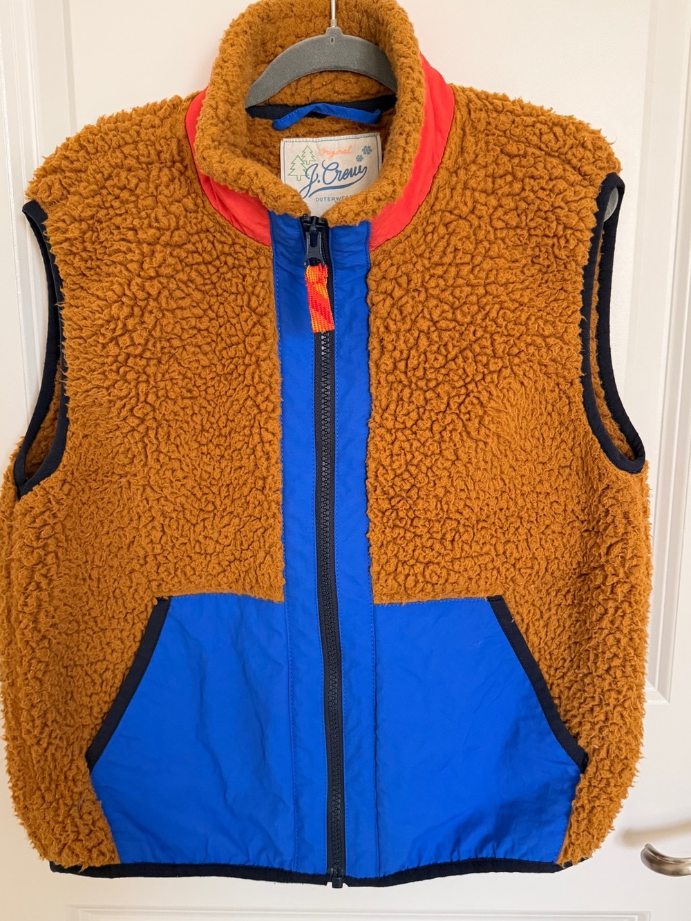 J. Crew Kids Sherpa Vest in Rust with Blue and Red Accents sz 10-11